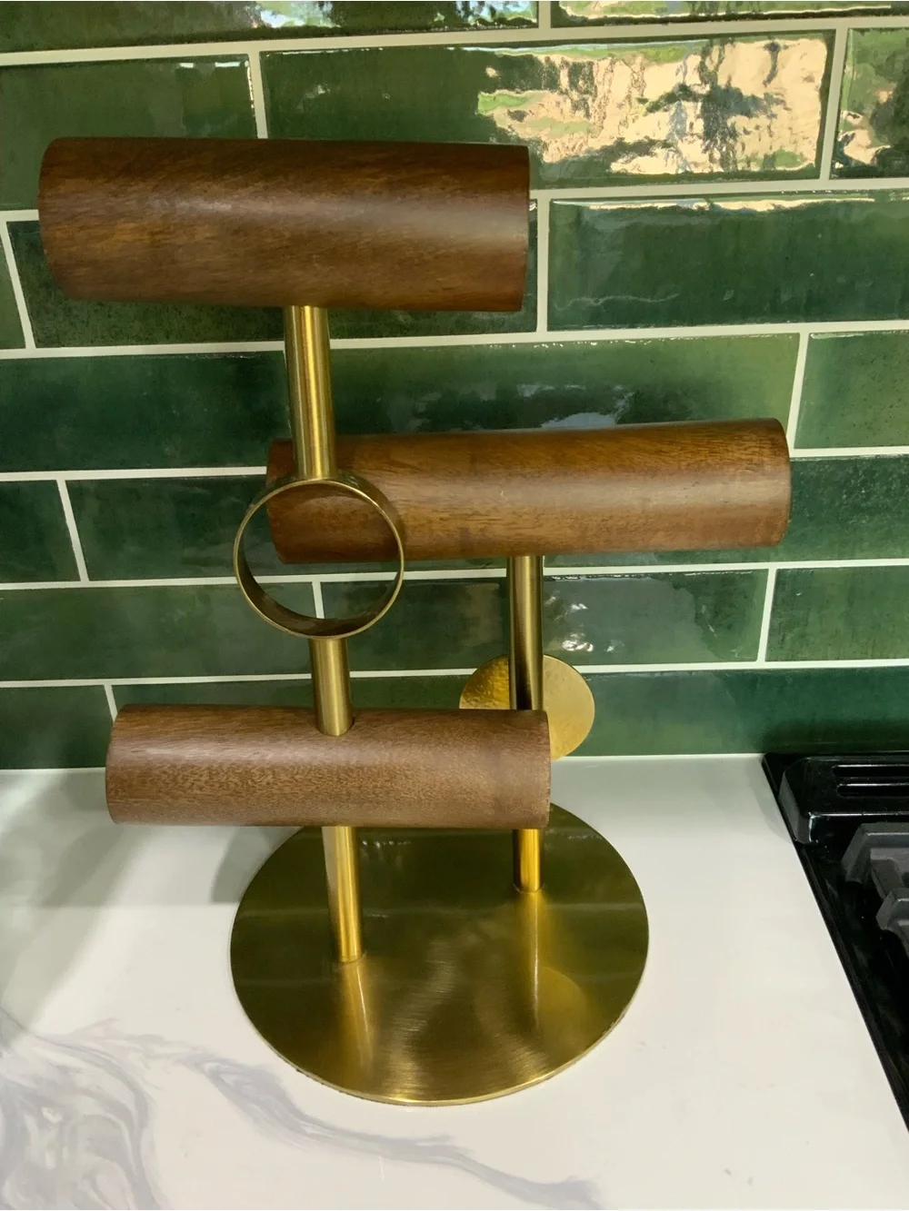 Anthropologie Wood and Brass Tiered Jewelry T-Bar - Brown and Gold